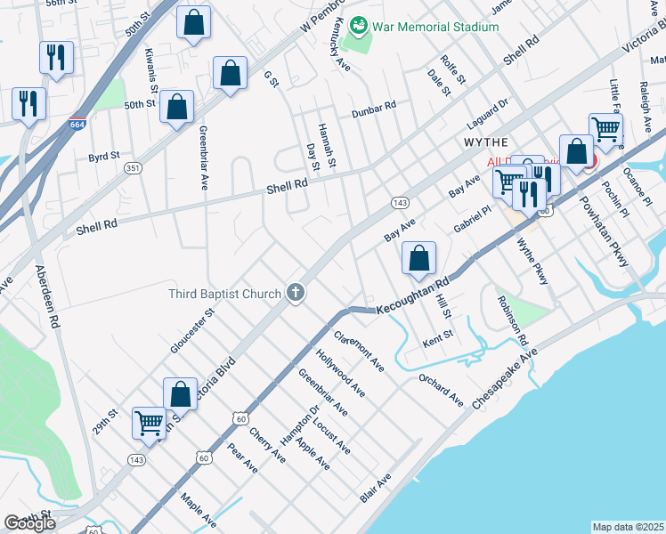 map of restaurants, bars, coffee shops, grocery stores, and more near 335 Wakefield Avenue in Hampton