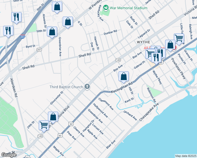map of restaurants, bars, coffee shops, grocery stores, and more near 335 Wakefield Avenue in Hampton