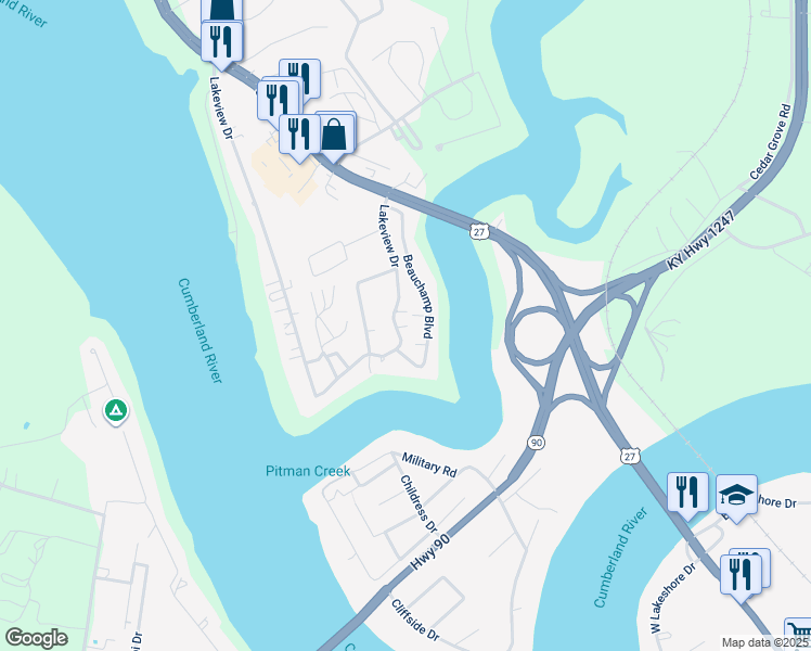 map of restaurants, bars, coffee shops, grocery stores, and more near 1075 Lakeview Drive in Somerset