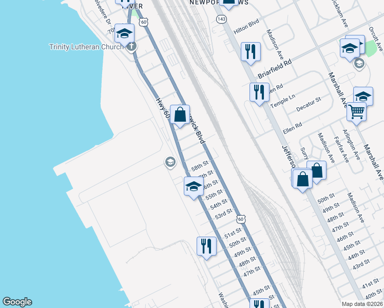 map of restaurants, bars, coffee shops, grocery stores, and more near 5900 Huntington Avenue in Newport News