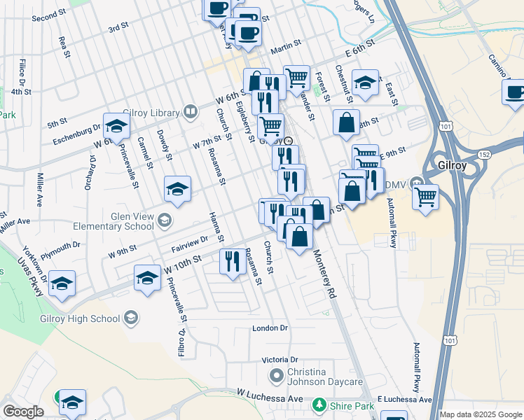 map of restaurants, bars, coffee shops, grocery stores, and more near 7061 Church Street in Gilroy