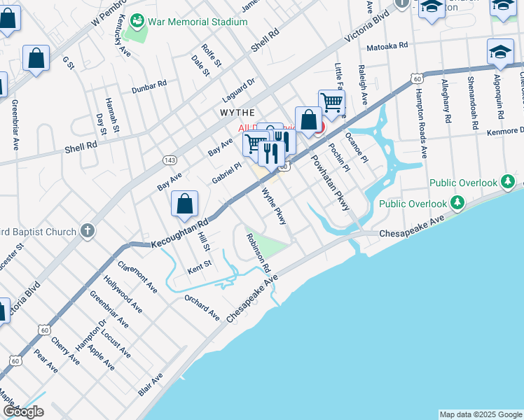 map of restaurants, bars, coffee shops, grocery stores, and more near 138 Chancellor Road in Hampton