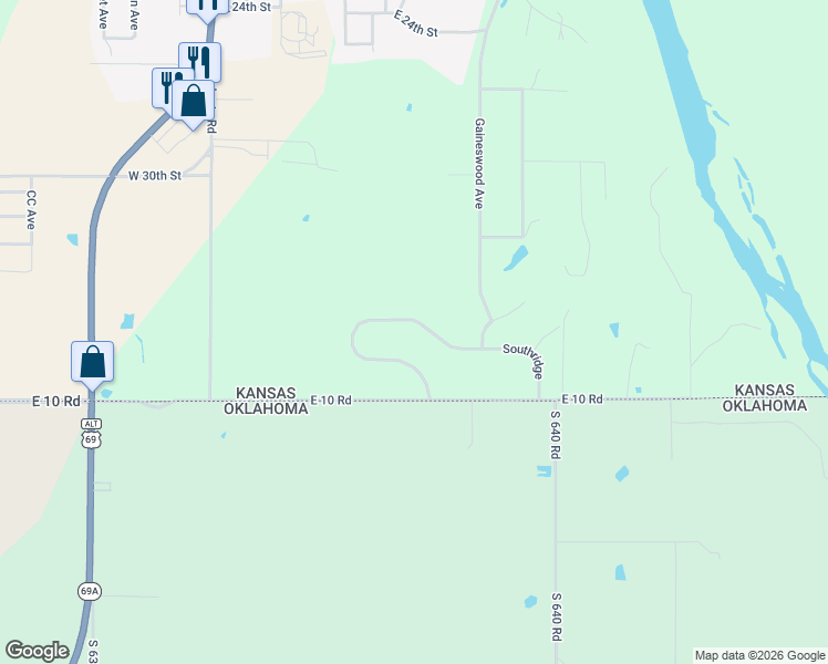 map of restaurants, bars, coffee shops, grocery stores, and more near 501-799 Southridge Boulevard in Baxter Springs