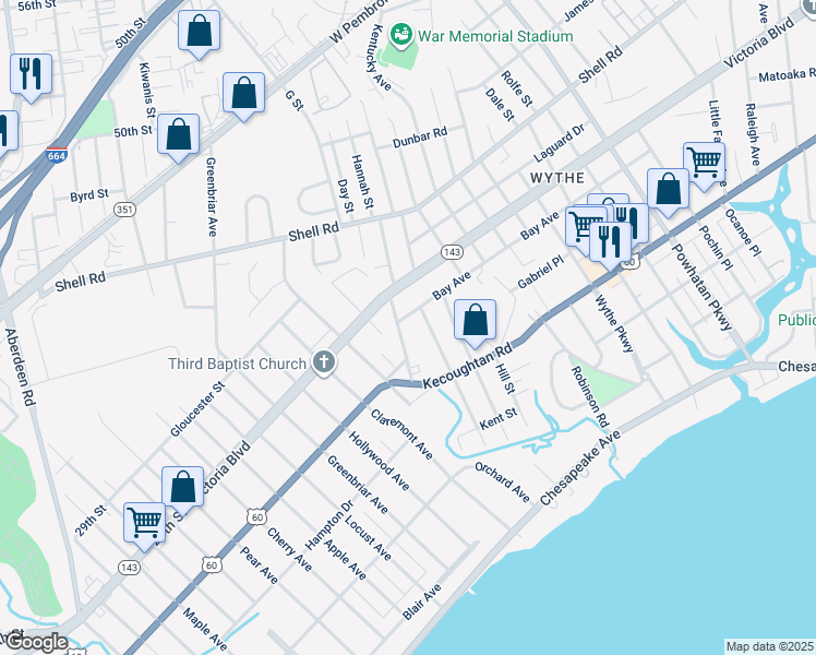 map of restaurants, bars, coffee shops, grocery stores, and more near 328 Pennsylvania Avenue in Hampton