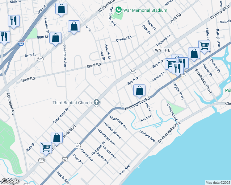 map of restaurants, bars, coffee shops, grocery stores, and more near 335 Pennsylvania Avenue in Hampton