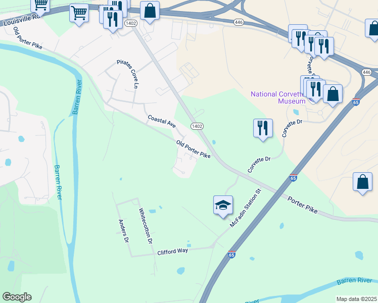 map of restaurants, bars, coffee shops, grocery stores, and more near 126 Candle Court in Bowling Green