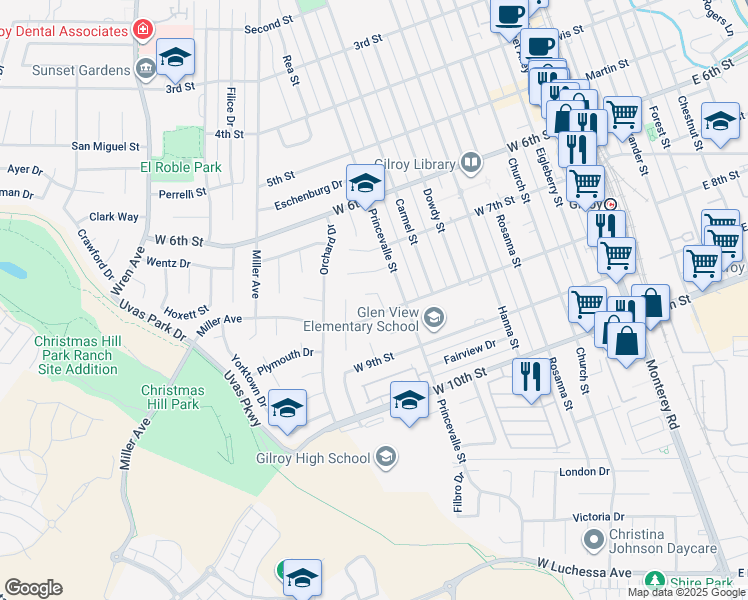 map of restaurants, bars, coffee shops, grocery stores, and more near 7220 Trenton Place in Gilroy