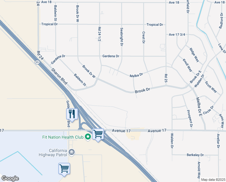 map of restaurants, bars, coffee shops, grocery stores, and more near 24609 Brook Drive in Madera