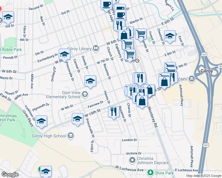 map of restaurants, bars, coffee shops, grocery stores, and more near 350 West 9th Street in Gilroy