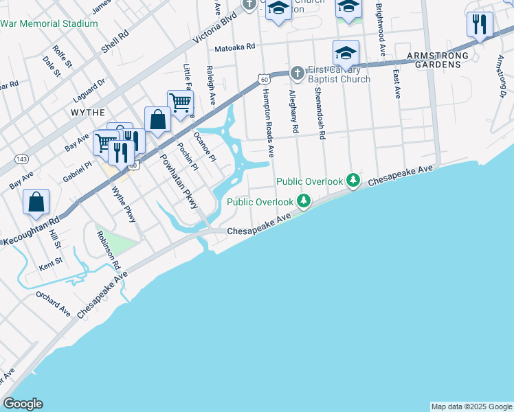 map of restaurants, bars, coffee shops, grocery stores, and more near 25 Manteo Avenue in Hampton