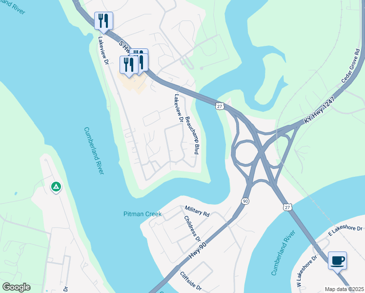 map of restaurants, bars, coffee shops, grocery stores, and more near 1075 Lakeview Drive in Somerset