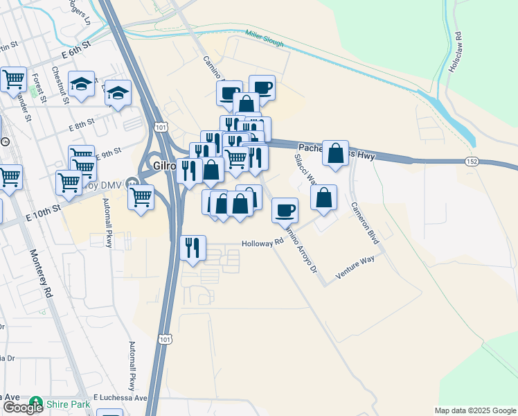 map of restaurants, bars, coffee shops, grocery stores, and more near 6765 Camino Arroyo in Gilroy