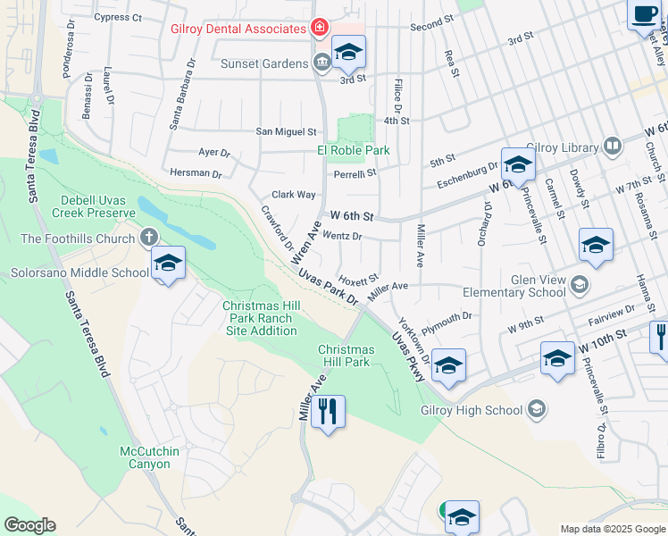 map of restaurants, bars, coffee shops, grocery stores, and more near 7305 Chadwick Street in Gilroy