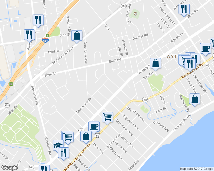 map of restaurants, bars, coffee shops, grocery stores, and more near 386 Cottonwood Avenue in Hampton