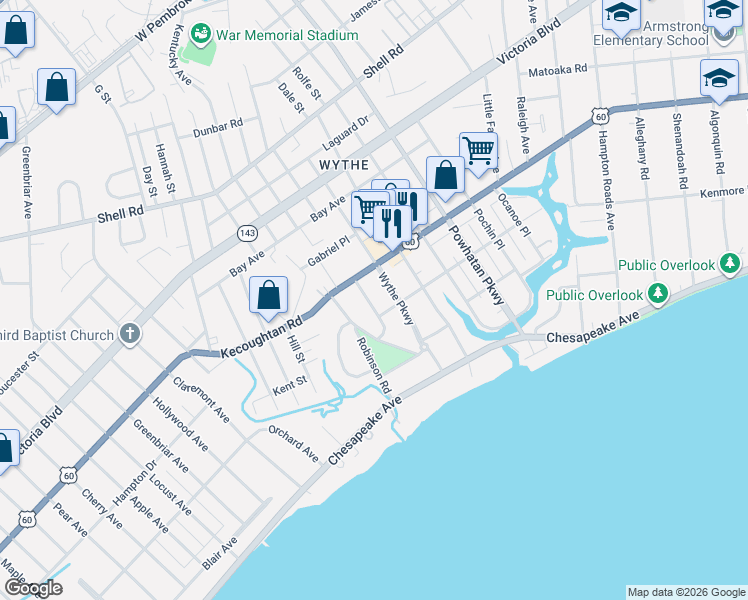 map of restaurants, bars, coffee shops, grocery stores, and more near 137 Chancellor Road in Hampton