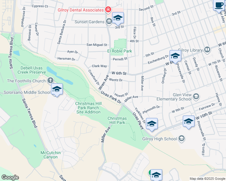 map of restaurants, bars, coffee shops, grocery stores, and more near 7305 Chadwick Street in Gilroy