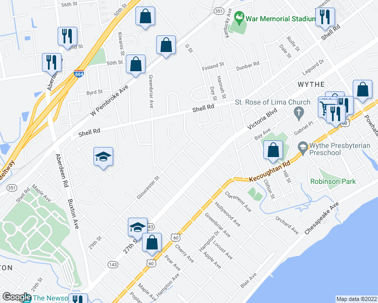 map of restaurants, bars, coffee shops, grocery stores, and more near 386 Cottonwood Avenue in Hampton