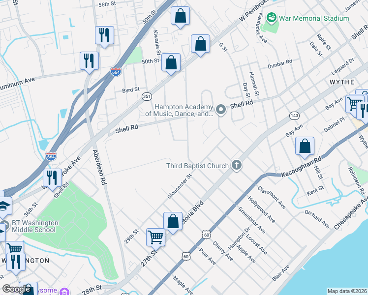 map of restaurants, bars, coffee shops, grocery stores, and more near 521 Greenbriar Avenue in Hampton