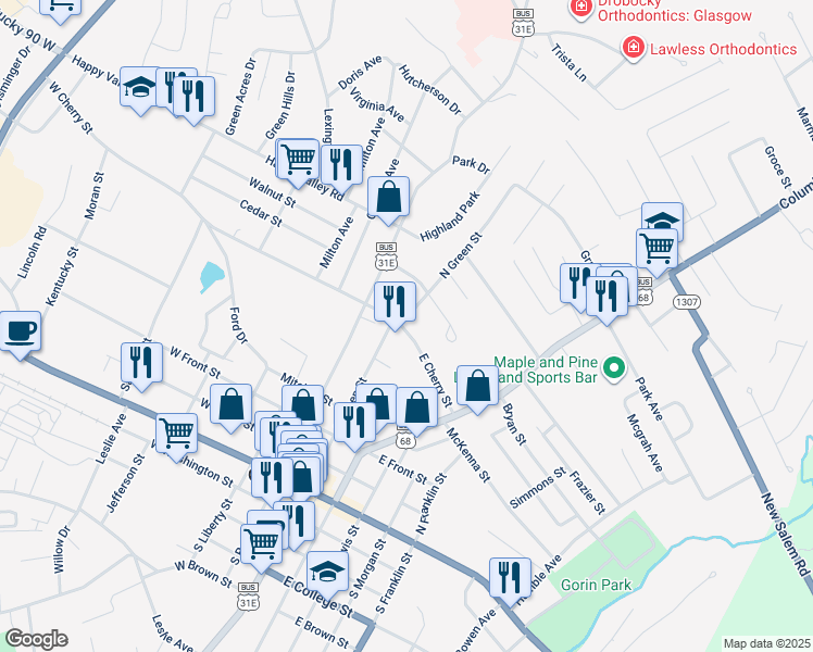 map of restaurants, bars, coffee shops, grocery stores, and more near 104-212 East Cherry Street in Glasgow