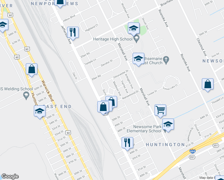 map of restaurants, bars, coffee shops, grocery stores, and more near 5513 York Circle in Newport News
