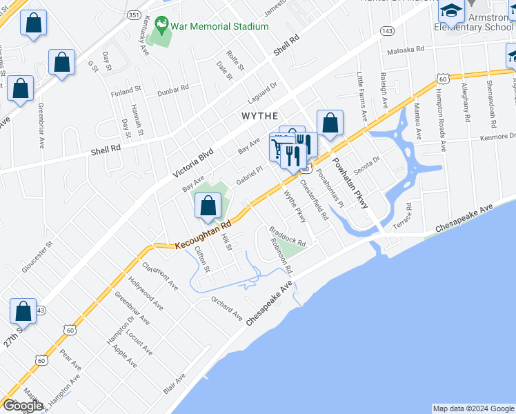 map of restaurants, bars, coffee shops, grocery stores, and more near 2000 Kecoughtan Road in Hampton