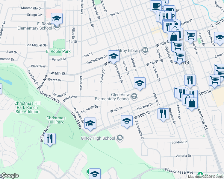 map of restaurants, bars, coffee shops, grocery stores, and more near 7230 Princeton Place in Gilroy