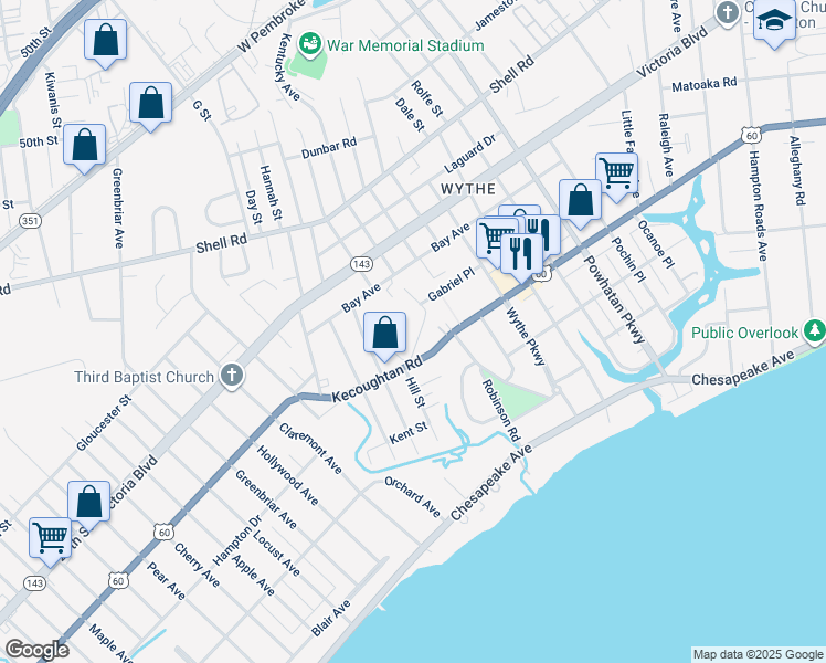 map of restaurants, bars, coffee shops, grocery stores, and more near 1821 Cemetery Lane in Hampton