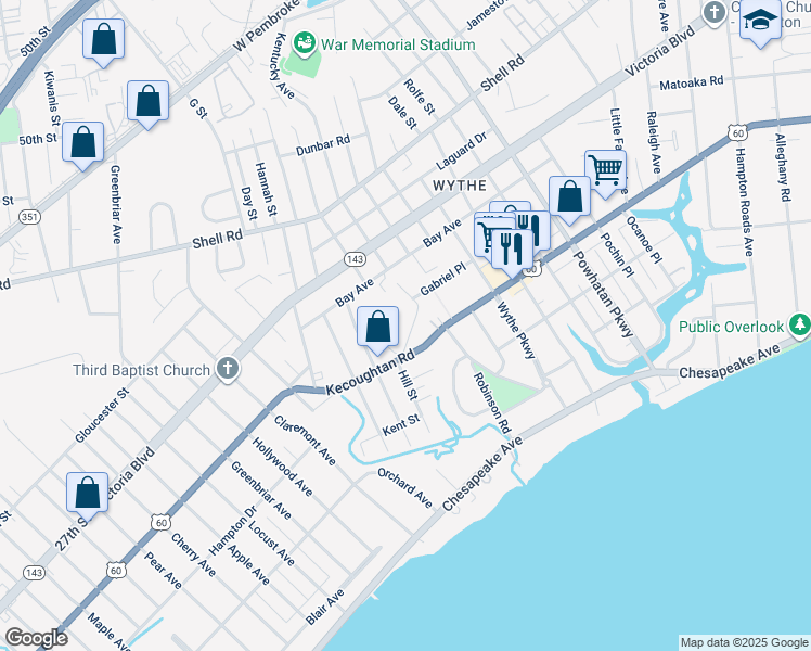 map of restaurants, bars, coffee shops, grocery stores, and more near 1821 Cemetery Lane in Hampton