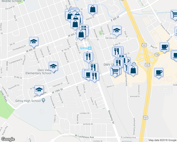 map of restaurants, bars, coffee shops, grocery stores, and more near 7080 Eigleberry Street in Gilroy