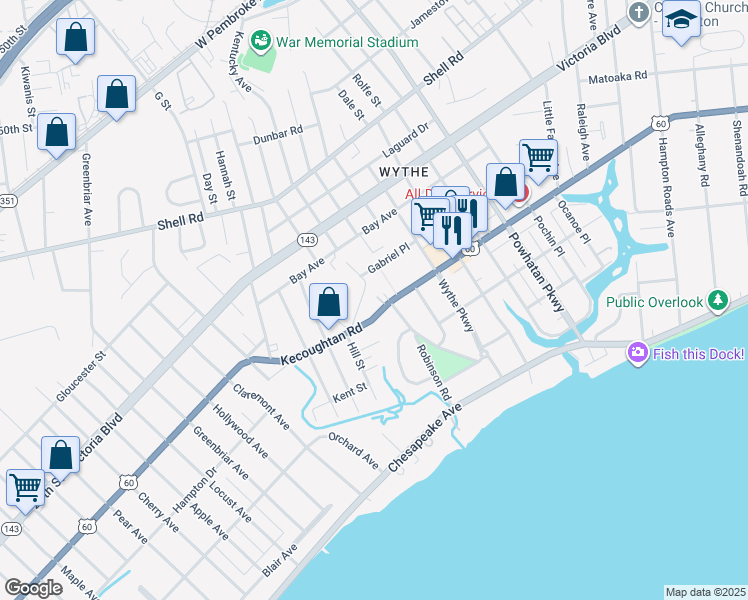 map of restaurants, bars, coffee shops, grocery stores, and more near 1941 Kecoughtan Road in Hampton
