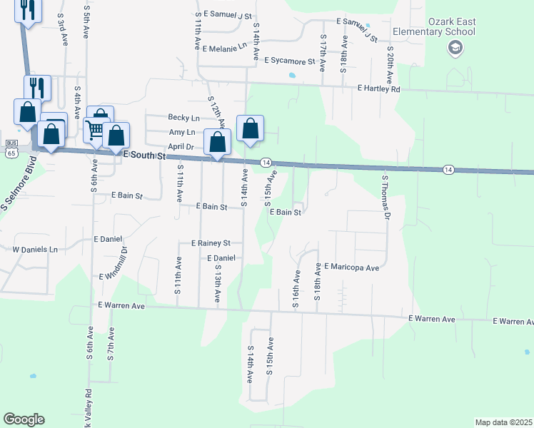 map of restaurants, bars, coffee shops, grocery stores, and more near 1767 South 15th Avenue in Ozark