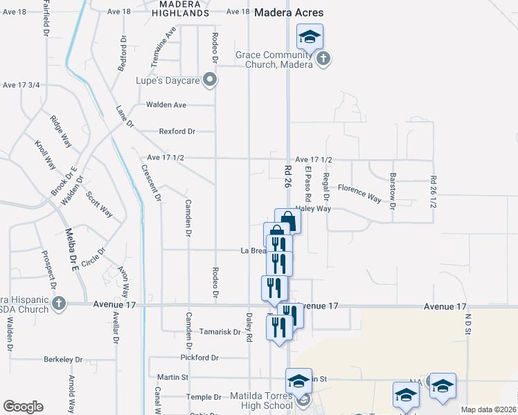 map of restaurants, bars, coffee shops, grocery stores, and more near 17283 Daley Road in Madera