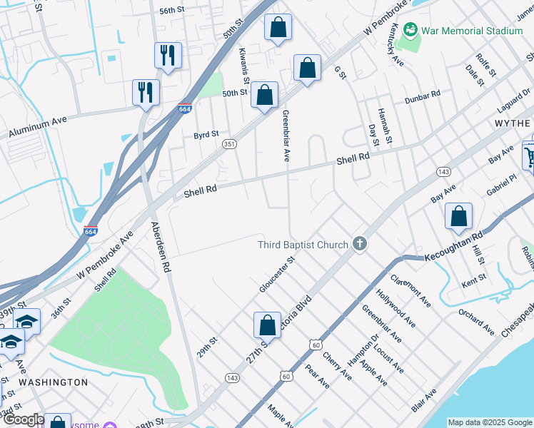 map of restaurants, bars, coffee shops, grocery stores, and more near 521 Greenbriar Avenue in Hampton