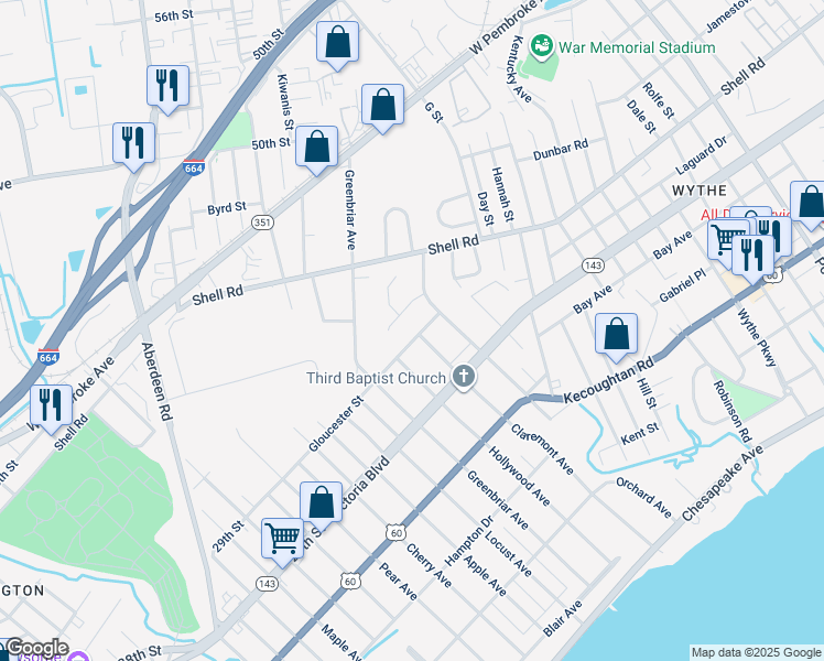 map of restaurants, bars, coffee shops, grocery stores, and more near 1211 Gloucester Street in Hampton
