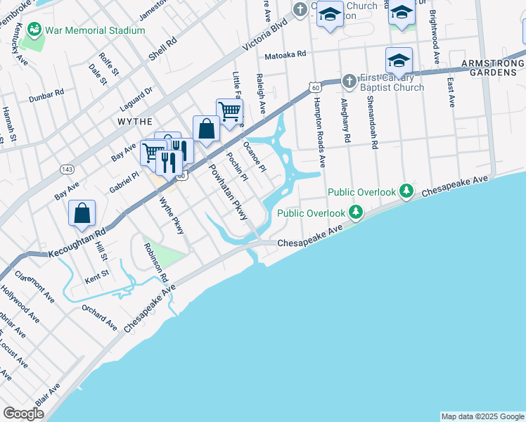 map of restaurants, bars, coffee shops, grocery stores, and more near 5 Terrace Road in Hampton