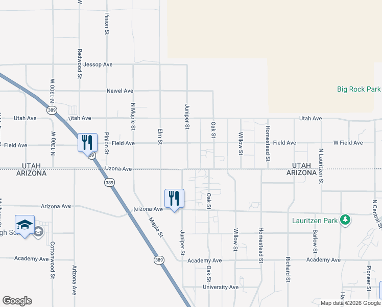 map of restaurants, bars, coffee shops, grocery stores, and more near 660 Juniper Street in Hildale