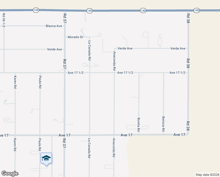 map of restaurants, bars, coffee shops, grocery stores, and more near 17400 Anaconda Road in Madera