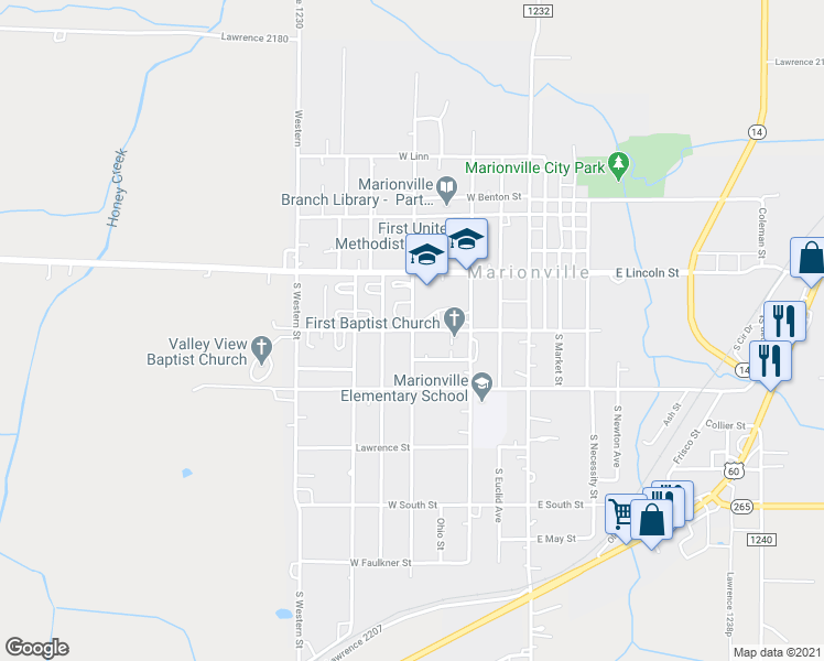map of restaurants, bars, coffee shops, grocery stores, and more near West Lyon Street in Marionville