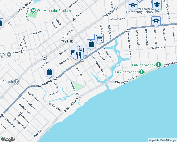 map of restaurants, bars, coffee shops, grocery stores, and more near 131 Pocahontas Place in Hampton
