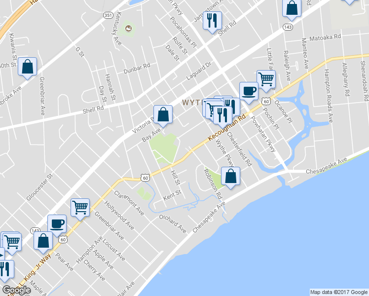 map of restaurants, bars, coffee shops, grocery stores, and more near 2003 Kecoughtan Road in Hampton