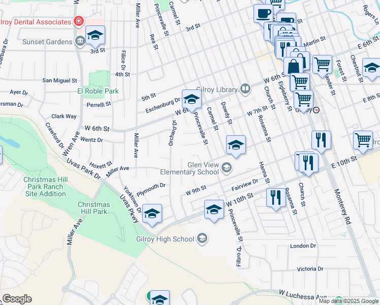 map of restaurants, bars, coffee shops, grocery stores, and more near 7245 Trenton Place in Gilroy