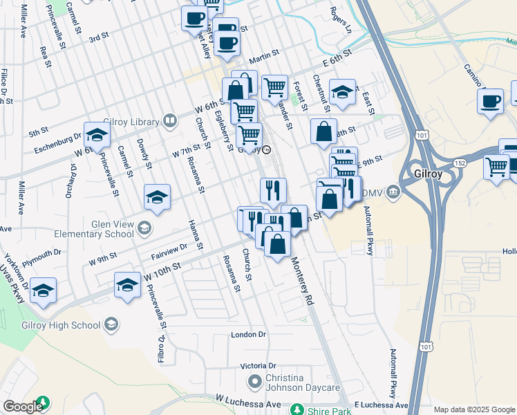 map of restaurants, bars, coffee shops, grocery stores, and more near 88 West 9th Street in Gilroy