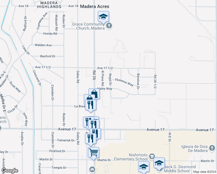 map of restaurants, bars, coffee shops, grocery stores, and more near 17346 Regal Drive in Madera