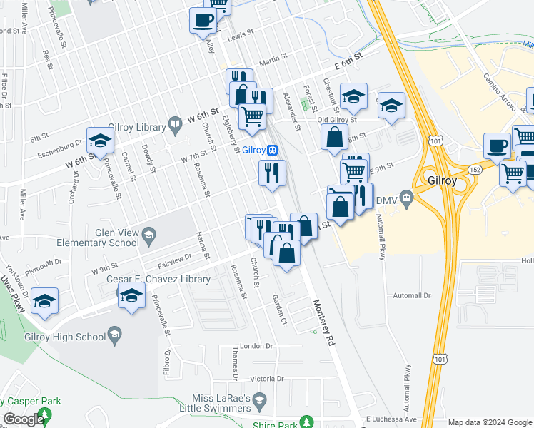 map of restaurants, bars, coffee shops, grocery stores, and more near 7130 Eigleberry Street in Gilroy