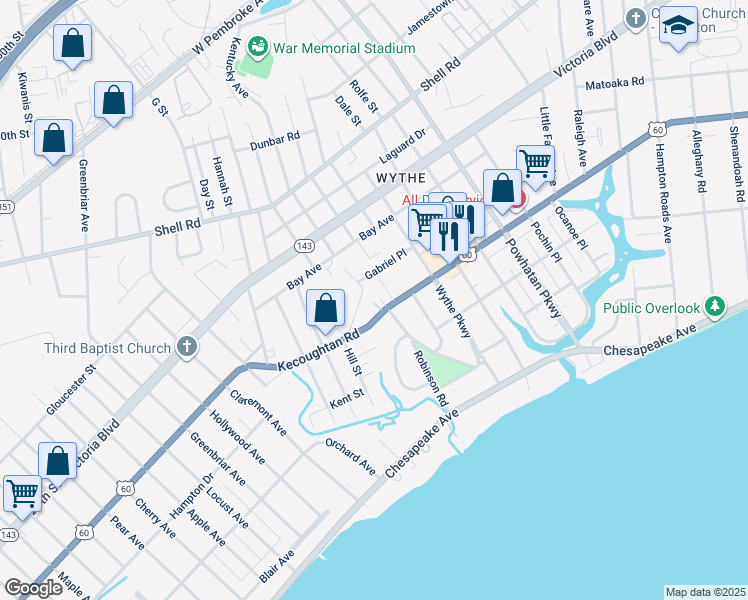 map of restaurants, bars, coffee shops, grocery stores, and more near 2003 Kecoughtan Road in Hampton