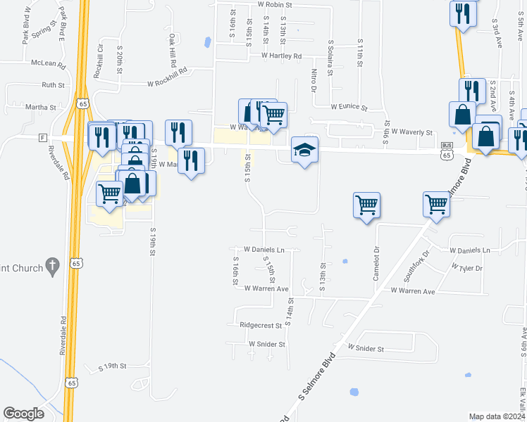 map of restaurants, bars, coffee shops, grocery stores, and more near 1792 South 15th Street in Ozark