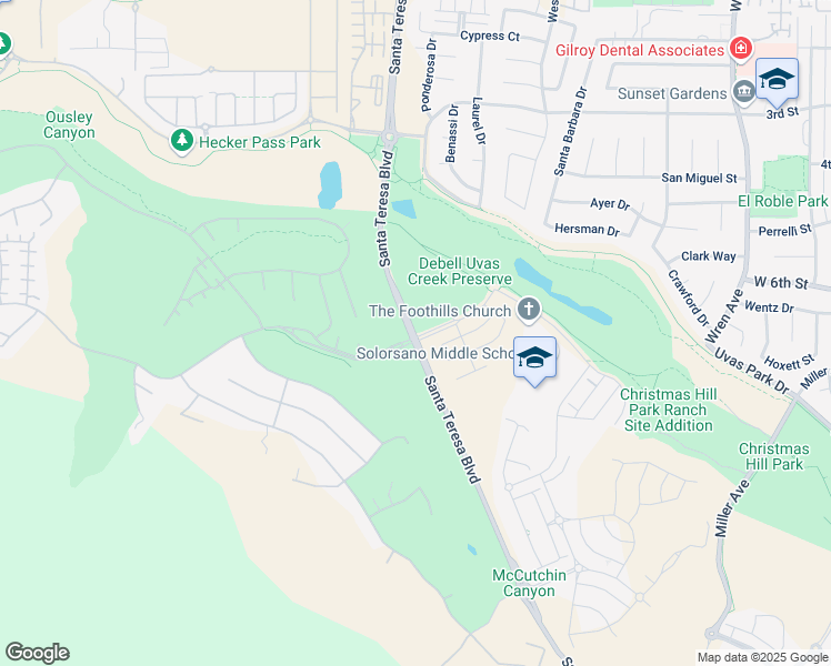map of restaurants, bars, coffee shops, grocery stores, and more near 6756-6854 Santa Teresa Boulevard in Gilroy