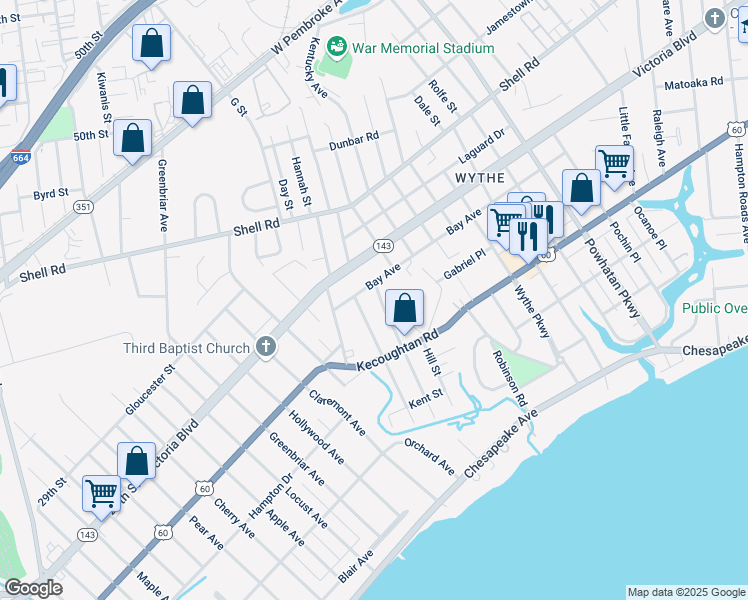 map of restaurants, bars, coffee shops, grocery stores, and more near 1805 Bay Avenue in Hampton