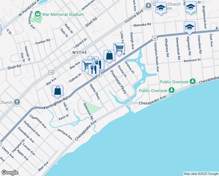 map of restaurants, bars, coffee shops, grocery stores, and more near 123 Pocahontas Place in Hampton