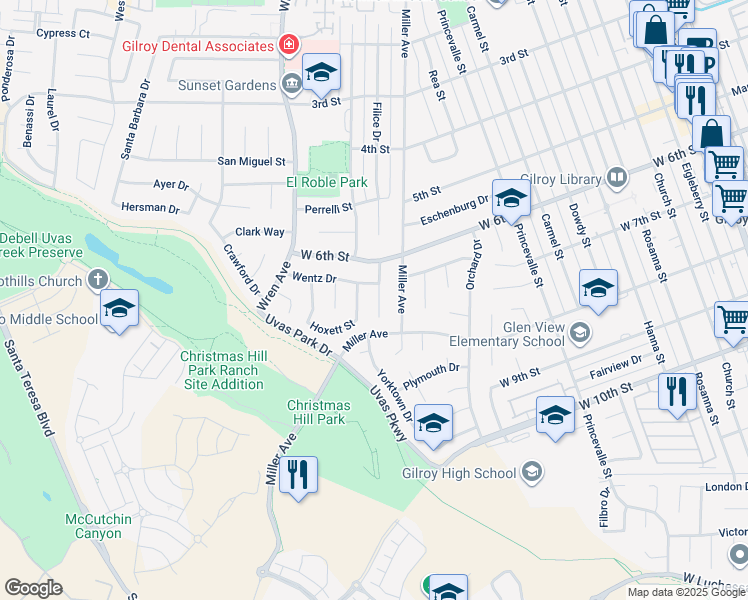 map of restaurants, bars, coffee shops, grocery stores, and more near 7291 Carr Place in Gilroy